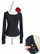 画像1: 10％OFF_ロングスリーブ、立体水玉、ブラック、包みボタンは柄生地 (1)