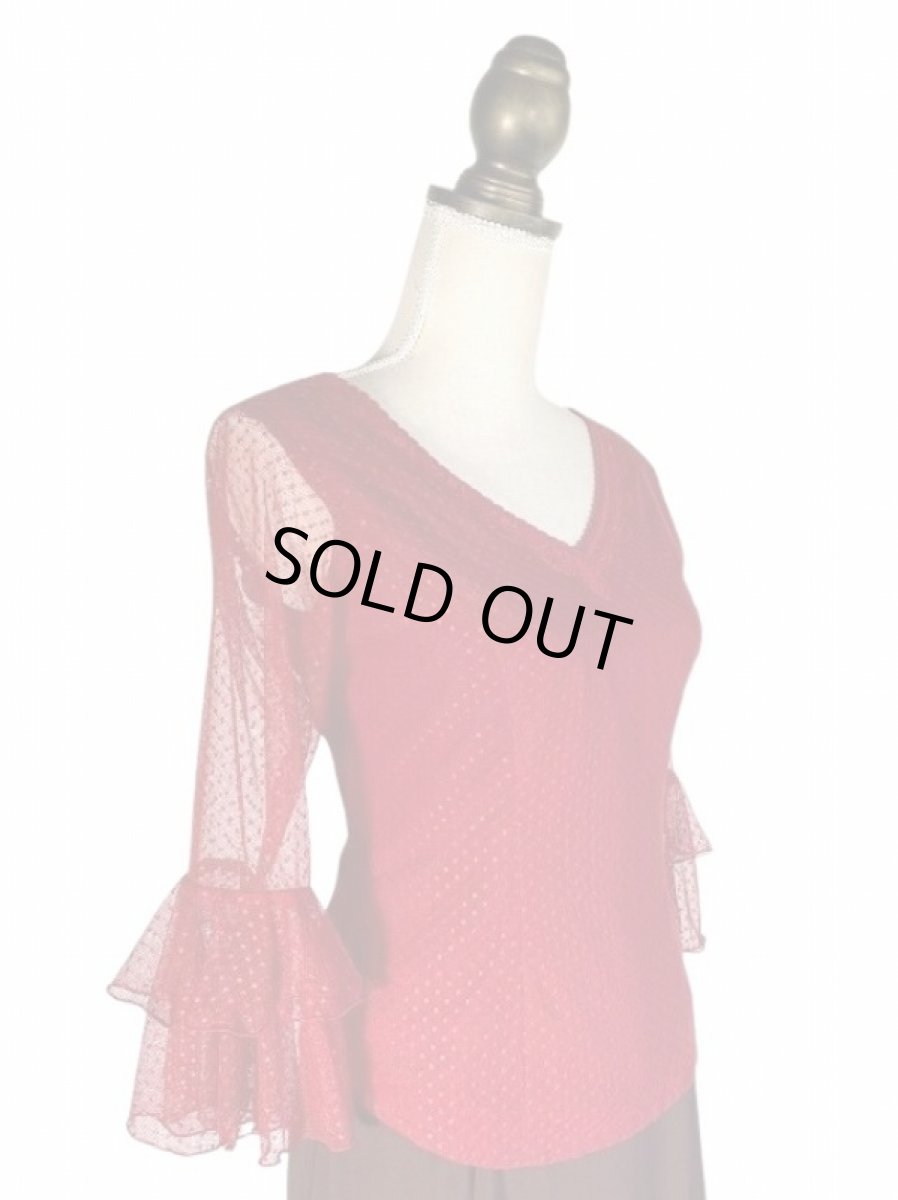 画像1: チュールレース生地ブラウス、レース飾り、エンジ (1)