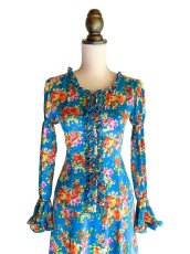 画像2: 《即納品》ツーピースドレス、ターコイズブルー×オレンジ薔薇、Mサイズ、丈94cm (2)