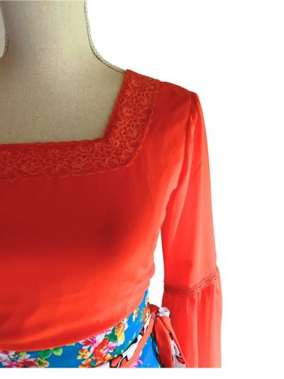 画像1: 《即納品》ツーピースドレス、ターコイズブルー×オレンジ薔薇柄、Mサイズ