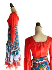 画像4: 《即納品》ツーピースドレス、ターコイズブルー×オレンジ薔薇柄、Mサイズ (4)