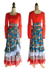 画像1: 《即納品》ツーピースドレス、ターコイズブルー×オレンジ薔薇柄、Mサイズ (1)