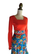 画像5: 《即納品》ツーピースドレス、ターコイズブルー×オレンジ薔薇柄、Mサイズ (5)