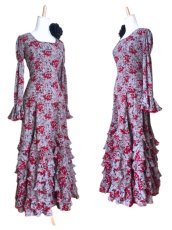 画像1: ツーピースドレス、グレー×レッドフラワー、Lサイズ (1)