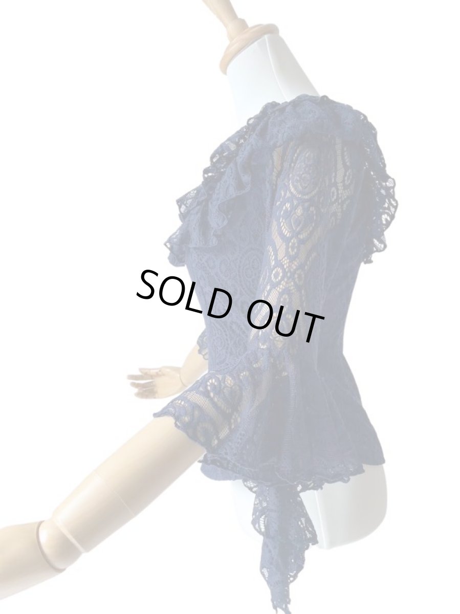 画像4: SALE_レースのフリルブラウス、ひし形、ネイビー、Lサイズ (4)