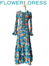 画像1: 《即納品》ツーピースドレス、ターコイズブルー×オレンジ薔薇、Sサイズ (1)