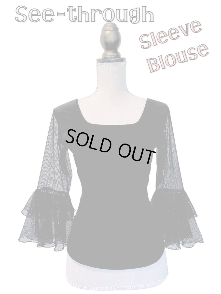 画像1: お袖チュールレースのブラウス、ブラック (1)