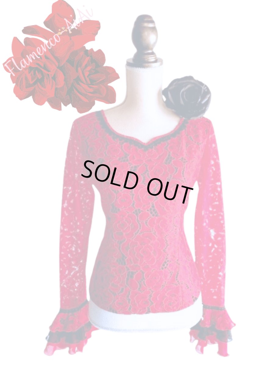 画像1: きれいレースのブラウス、ブラック×レッド、Lサイズ１点 (1)