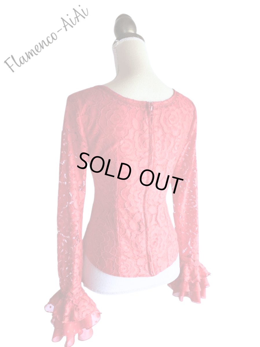 画像4: きれい赤レースのブラウス、レッド (4)