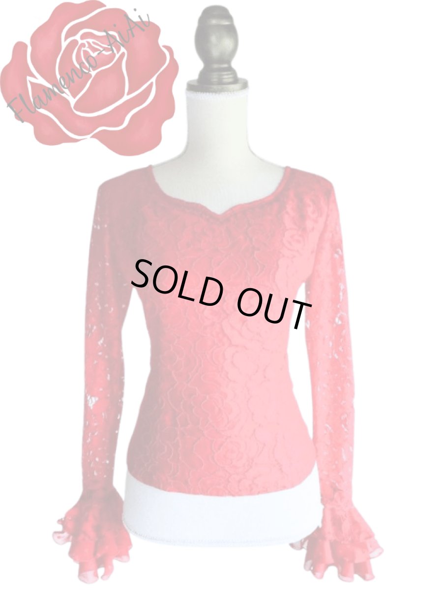 画像1: きれい赤レースのブラウス、レッド (1)