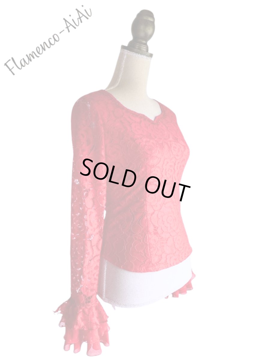 画像3: きれい赤レースのブラウス、レッド (3)