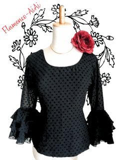 フラメンコ衣装　トップス　アイアイS フラメンコ衣装 トップス (SMサイズ)白×黒(スペイン製)ダンス