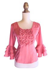 画像2: 人気🌸コーラルピンク🌸フリル3段、袖テープ飾り (2)