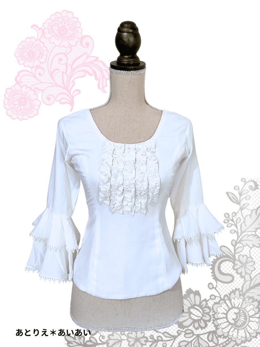 画像1: 在庫一掃SALE_フロントフリル、袖テープ飾り、オフホワイト、Sサイズ (1)