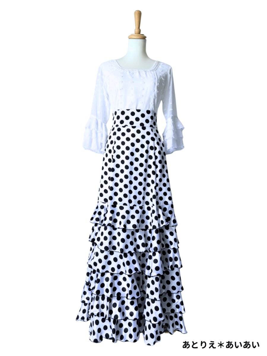 画像1: SALE‗ハイウエストファルダ、3段フリル、サテン水玉、W72cm 丈：98cm (1)