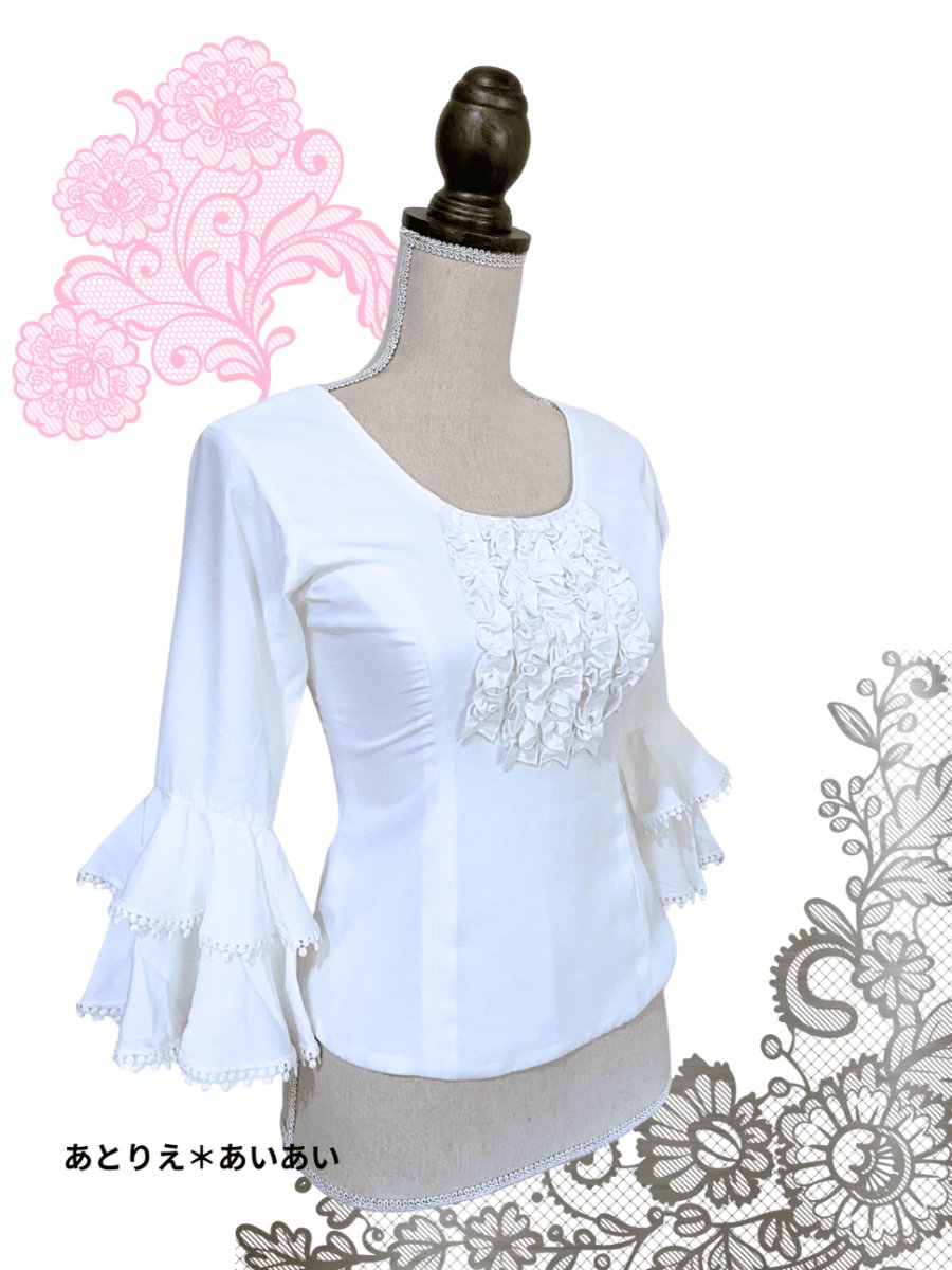 画像2: 在庫一掃SALE_フロントフリル、袖テープ飾り、オフホワイト、Sサイズ (2)