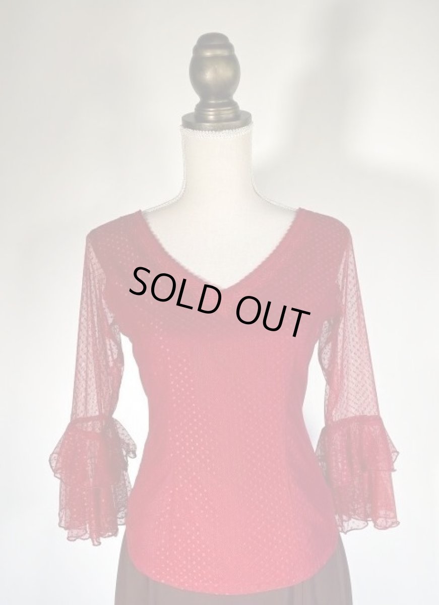 画像3: チュールレース生地ブラウス、レース飾り、エンジ (3)