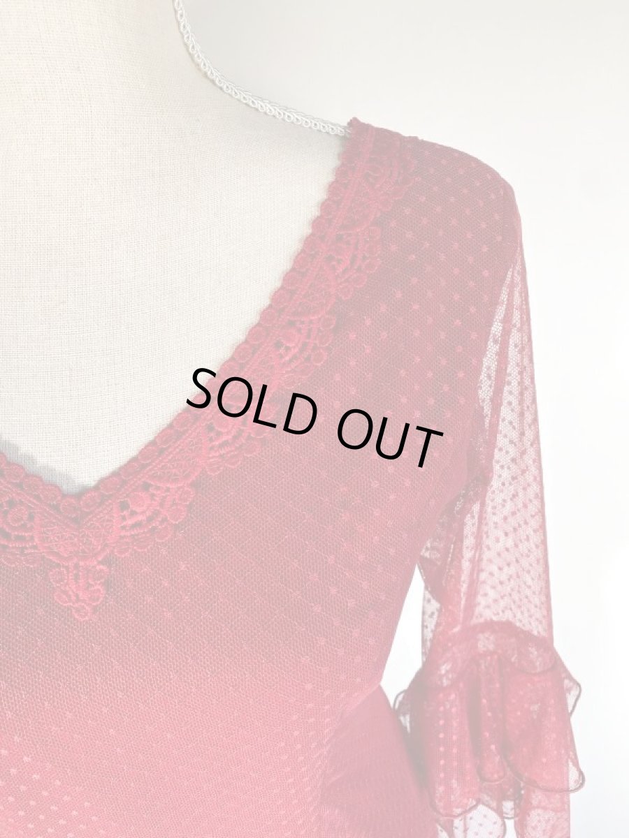 画像5: チュールレース生地ブラウス、レース飾り、エンジ (5)