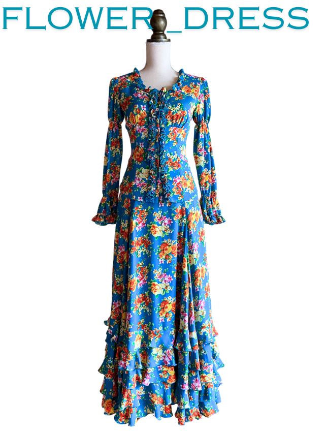 《即納品》ツーピースドレス、ターコイズブルー×オレンジ薔薇、Mサイズ、丈96cm