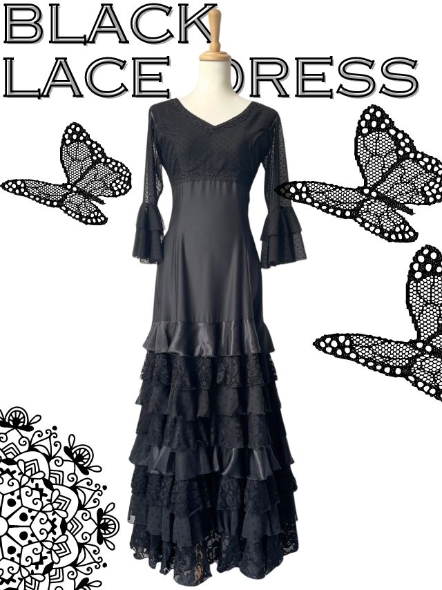 フラメンコドレス、ブラック×レース、MとLサイズ